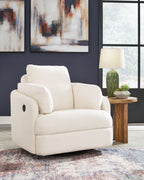 Swivel glider recliner chair in white fabric, rounded arms and wide cushioned seat.