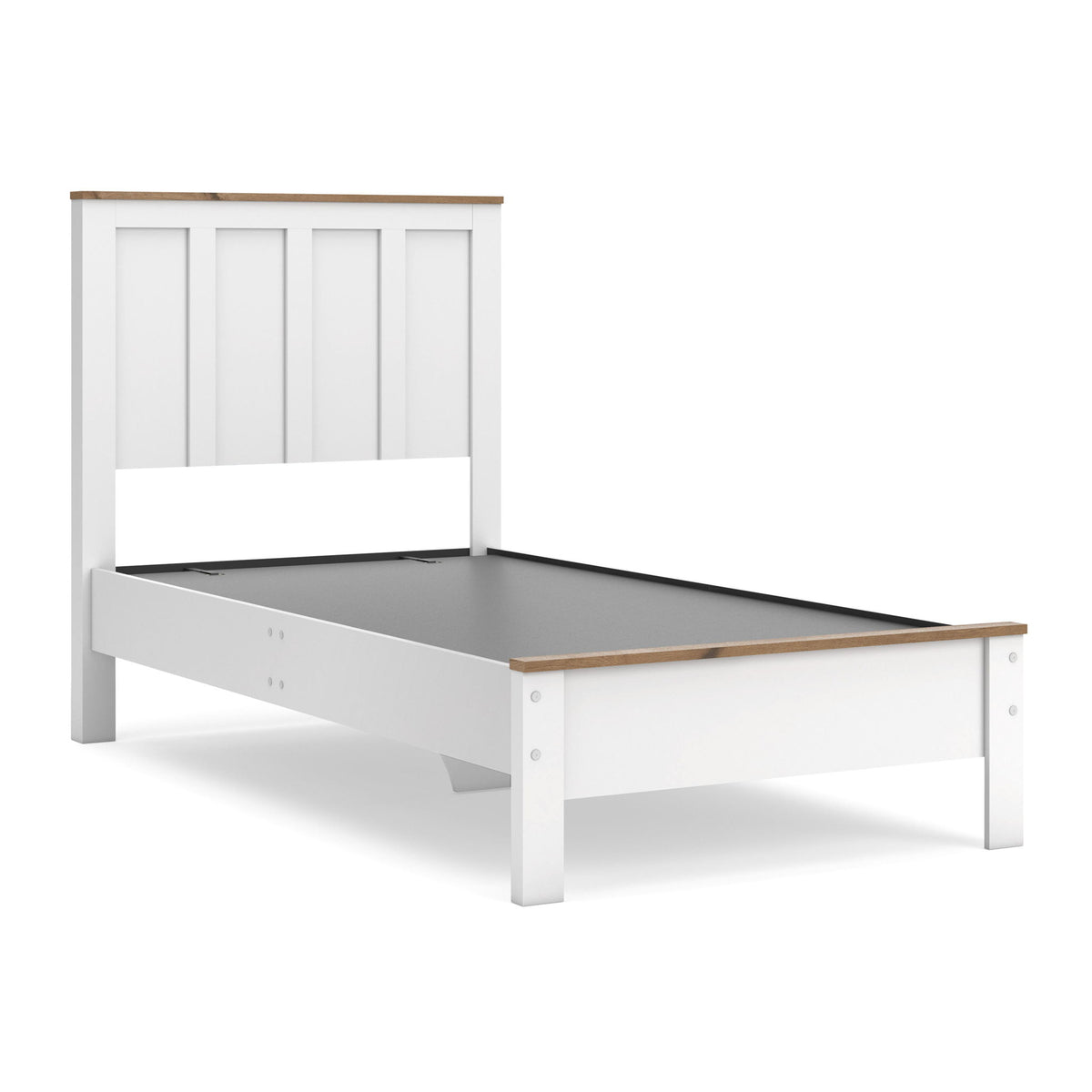 White panel bed frame with open platform base and wooden accent rails