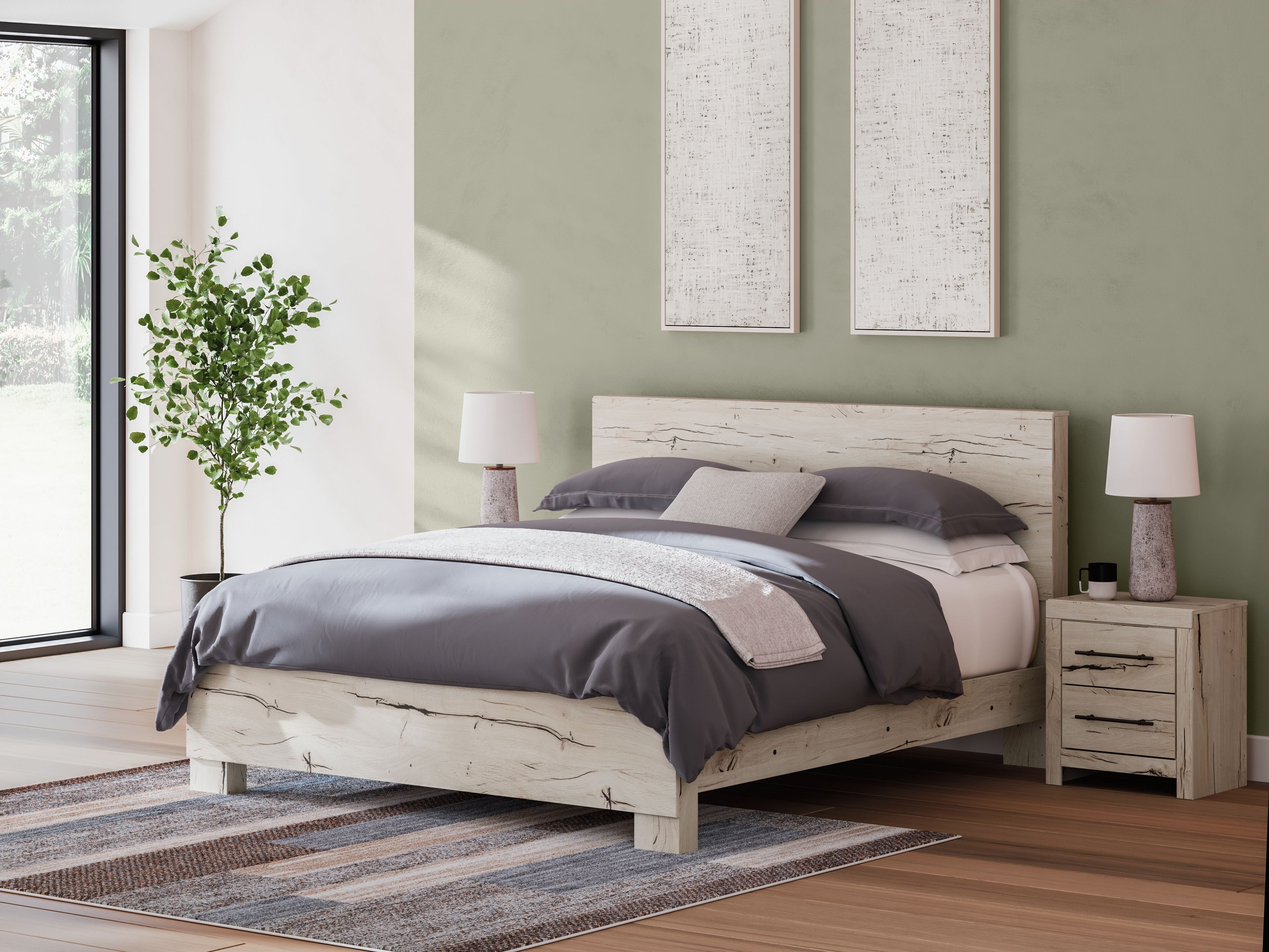 Beige panel bed with slatted headboard and footboard, dressed in dark bedding