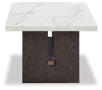 Rectangular cocktail table with white marble-look top and dark brown pedestal base