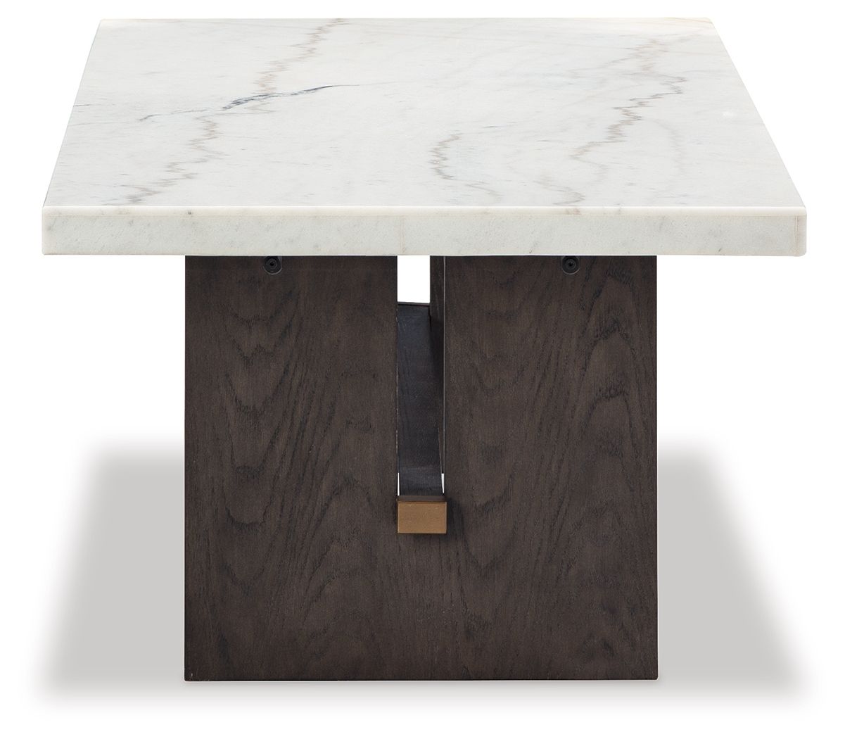 Rectangular cocktail table with white marble-look top and dark brown pedestal base