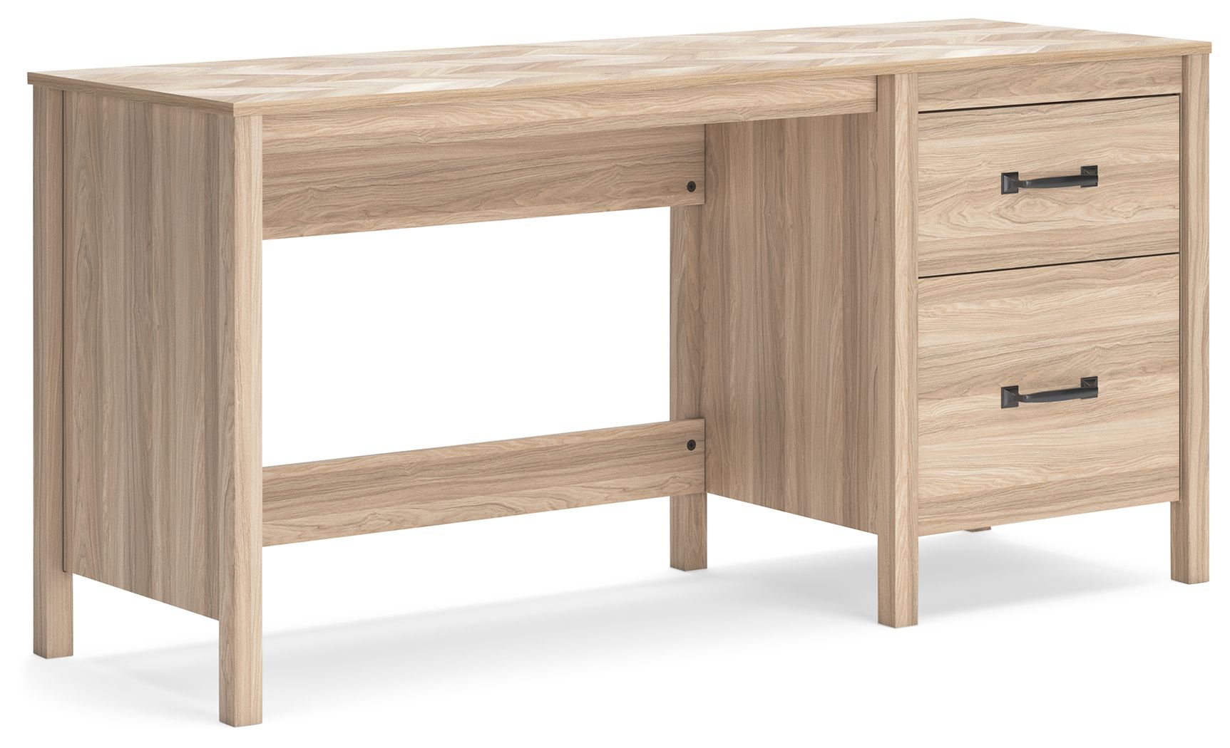 Tan home office desk with two drawers and open center shelf