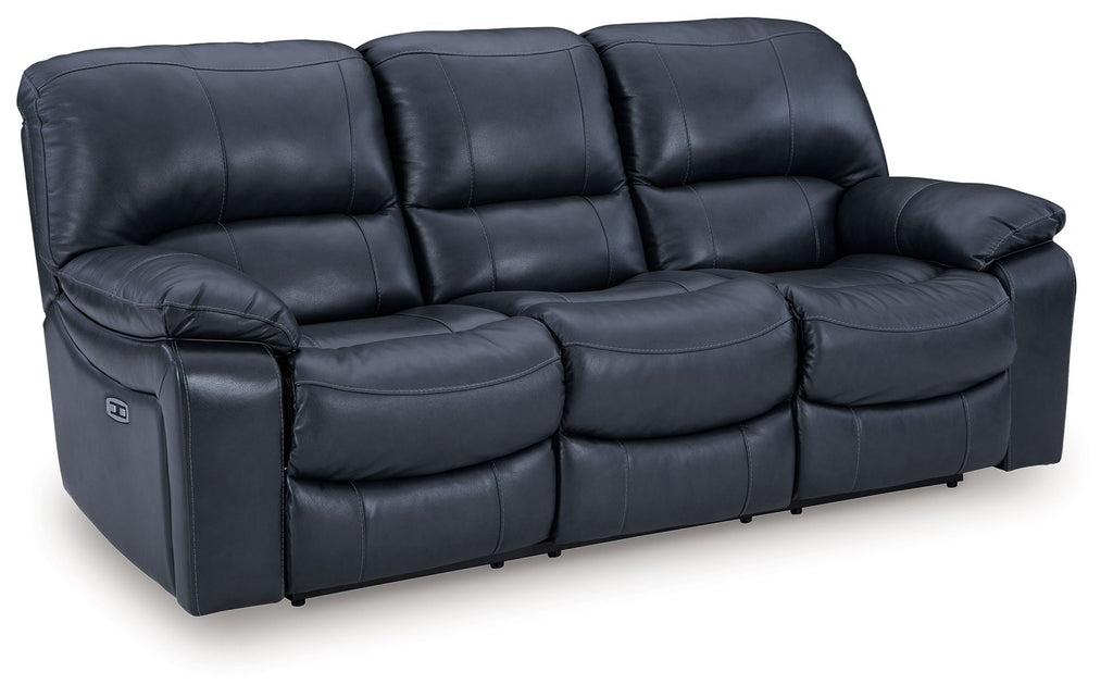 Navy blue reclining sofa with split seats and padded armrests, footrests extended