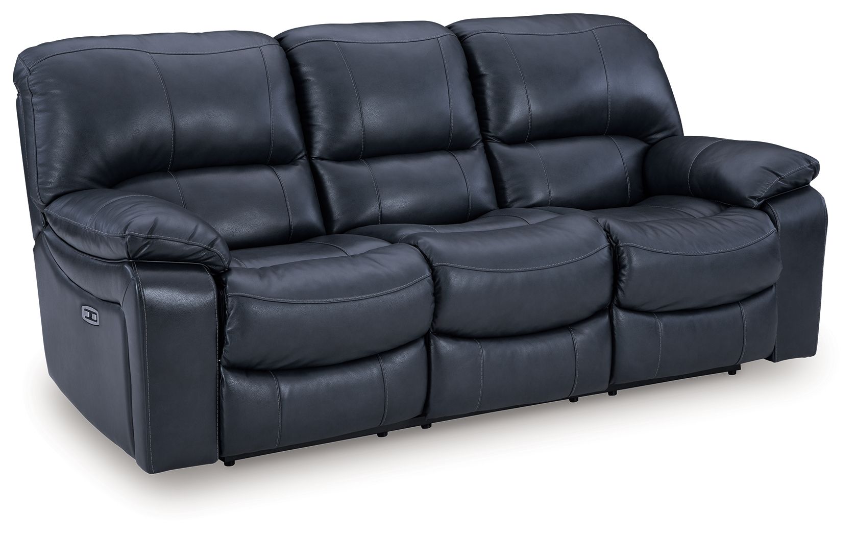Navy blue reclining sofa with split seats and padded armrests, footrests extended