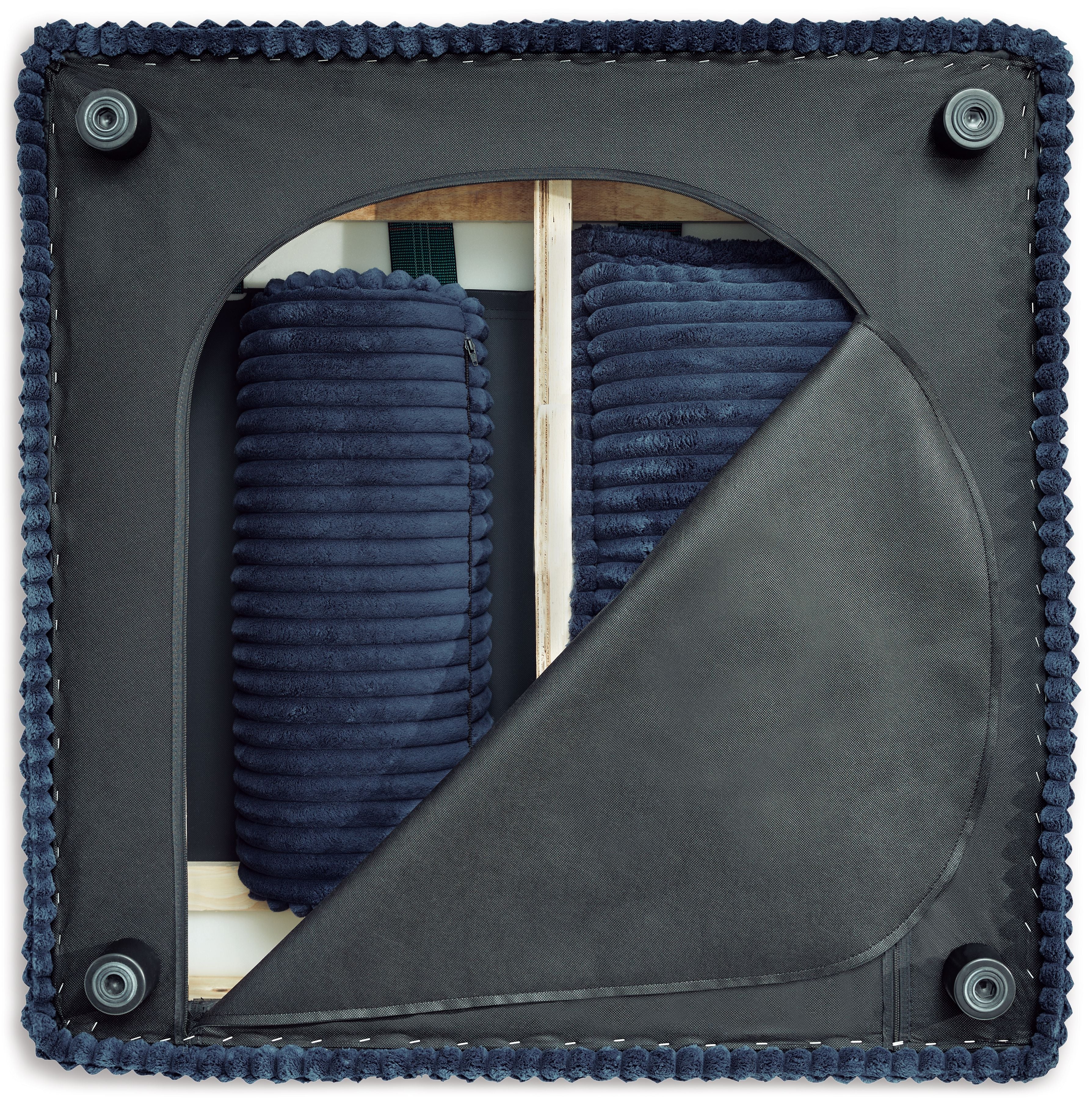 Navy upholstered arched panel with stitched border, fabric swatch for sectional