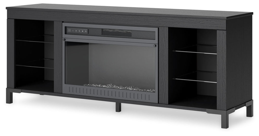 Black TV stand with electric fireplace insert and open side shelving compartments