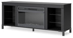 Black TV stand with electric fireplace insert and open side shelving compartments