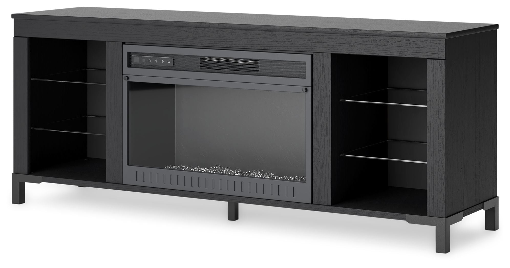 Black TV stand with electric fireplace insert and open side shelving compartments