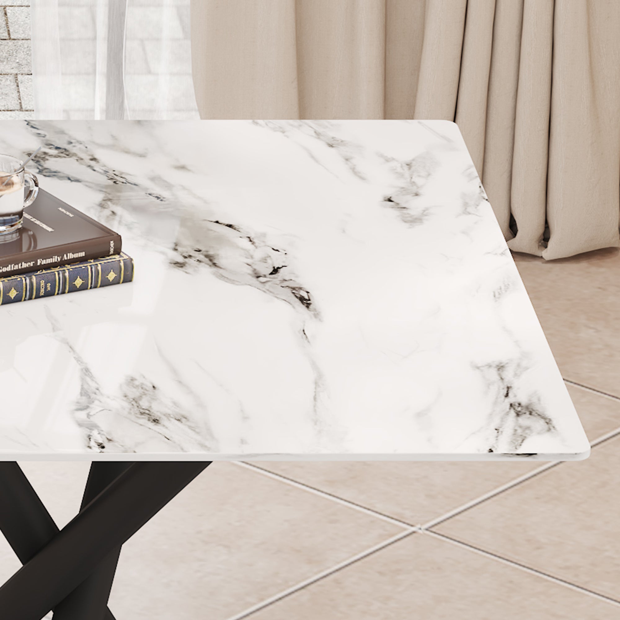 White Marble Dining Table & 8 Black Chairs Set F-1538