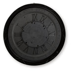 Round black wall clock back with Roman numeral marks on gray inner dial