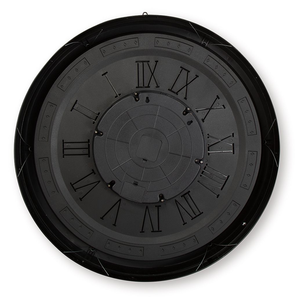Round black wall clock back with Roman numeral marks on gray inner dial