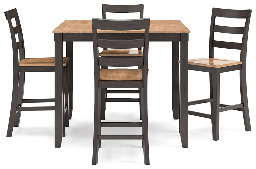Dining table set with dark wood rectangular tabletop and four ladder-back chairs