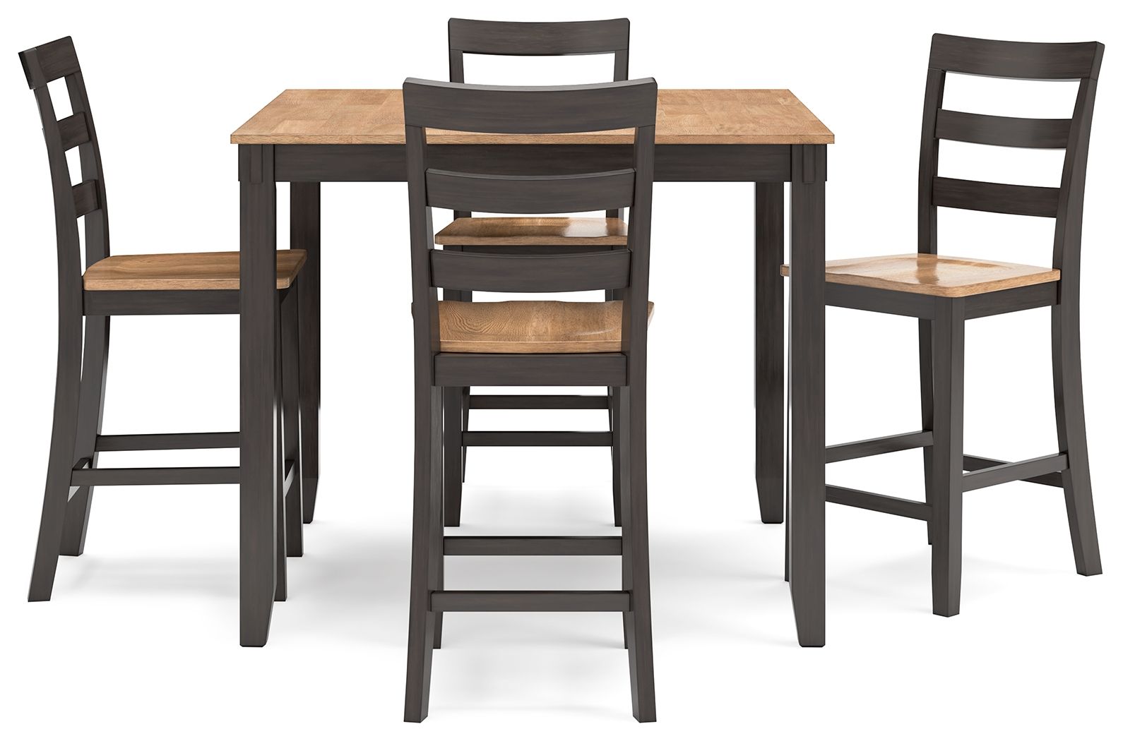 Dining table set with dark wood rectangular tabletop and four ladder-back chairs