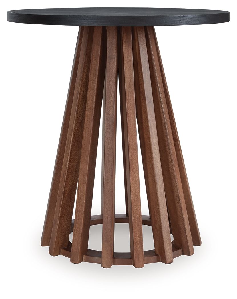 Kallari round end table with dark round top and warm brown fluted legs