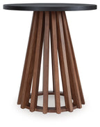 Kallari round end table with dark round top and warm brown fluted legs