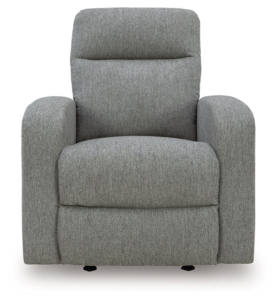 Gray fabric recliner with wide armrests and cushioned seat