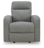 Gray fabric recliner with wide armrests and cushioned seat