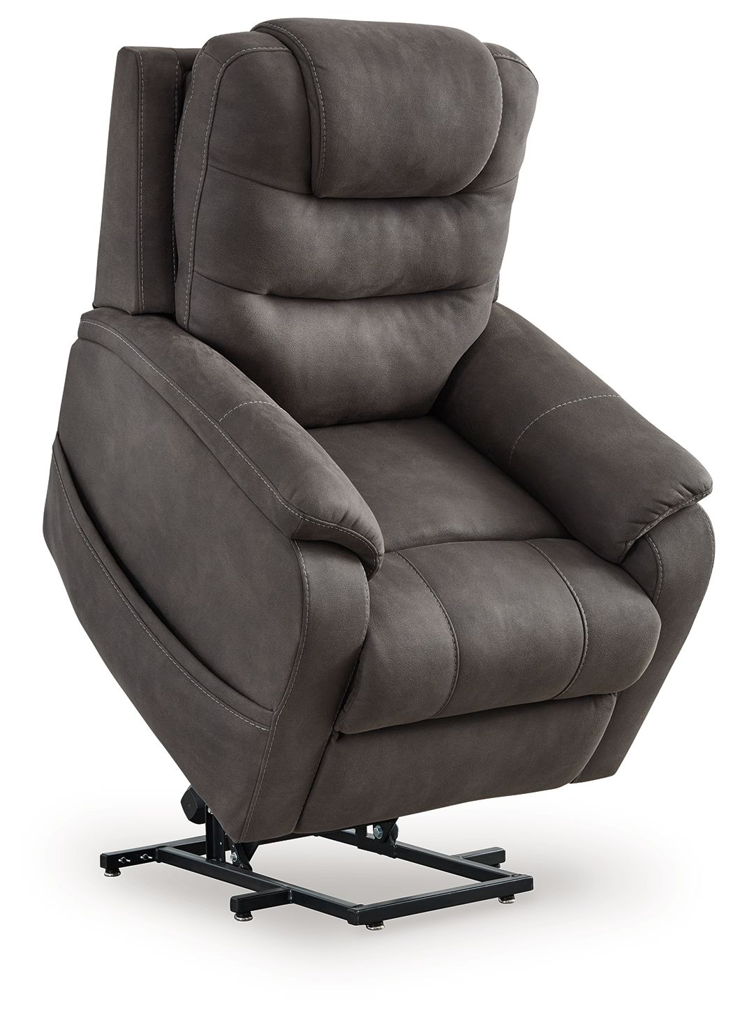 Gunmetal power lift recliner chair in gray fabric, padded arms and tufted headrest.