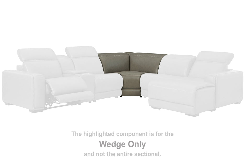 Gray wedge sofa section with two side arms and back cushions