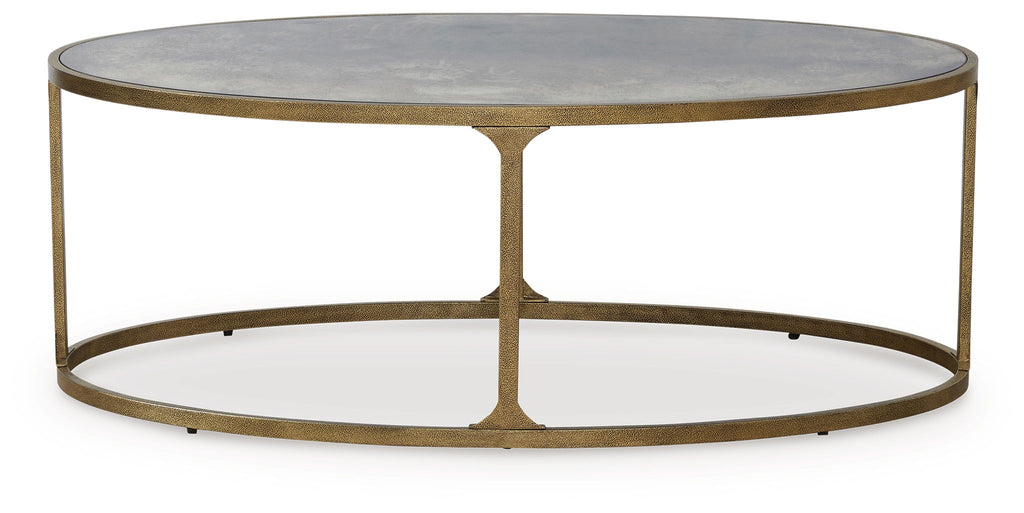 Round coffee table with light gray stone top and gold metal open base