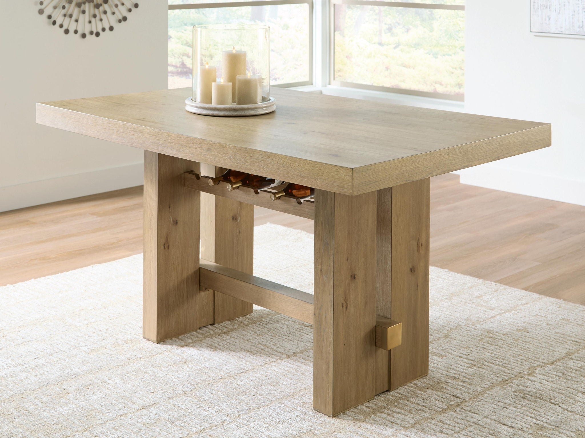 Light brown rectangular dining table with open shelf and square support legs
