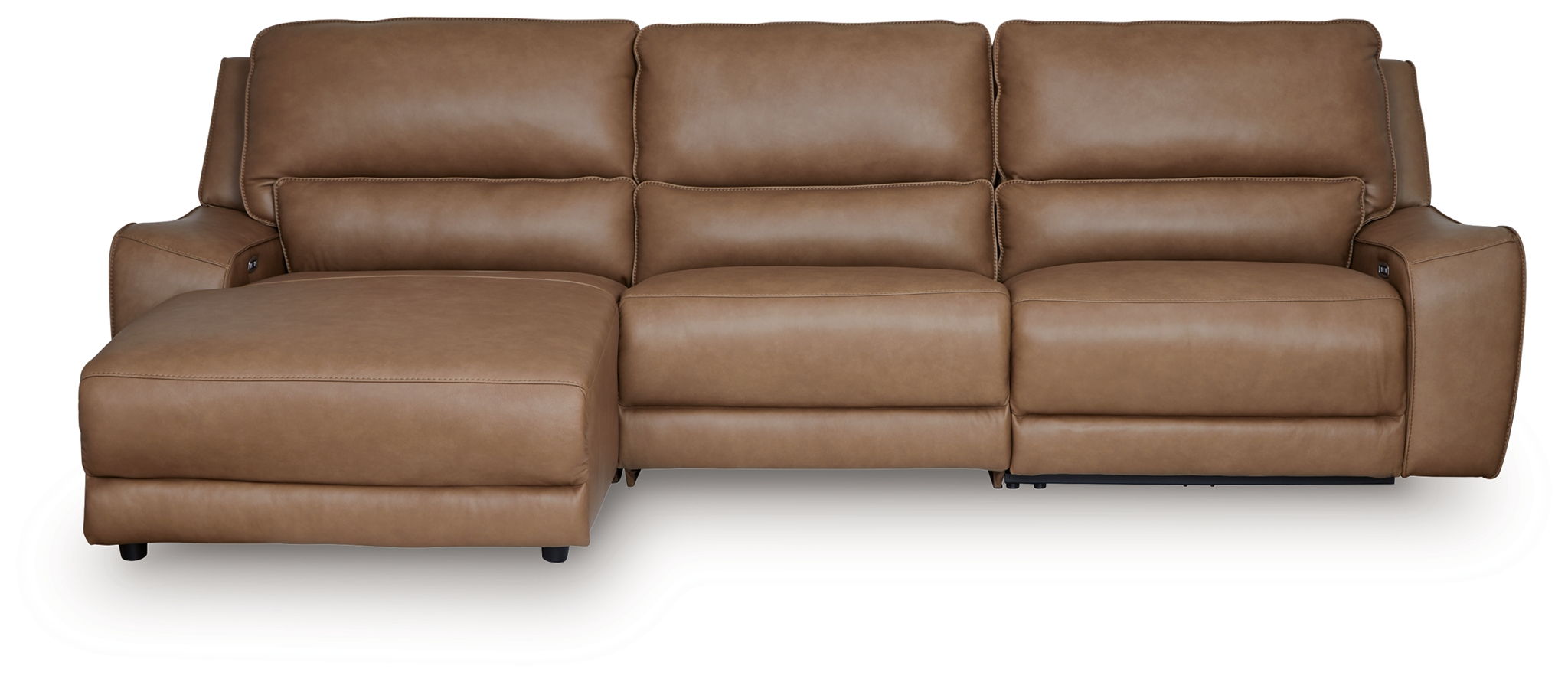 Power reclining sectional sofa with three seat sections and chaise footrest in brown leather
