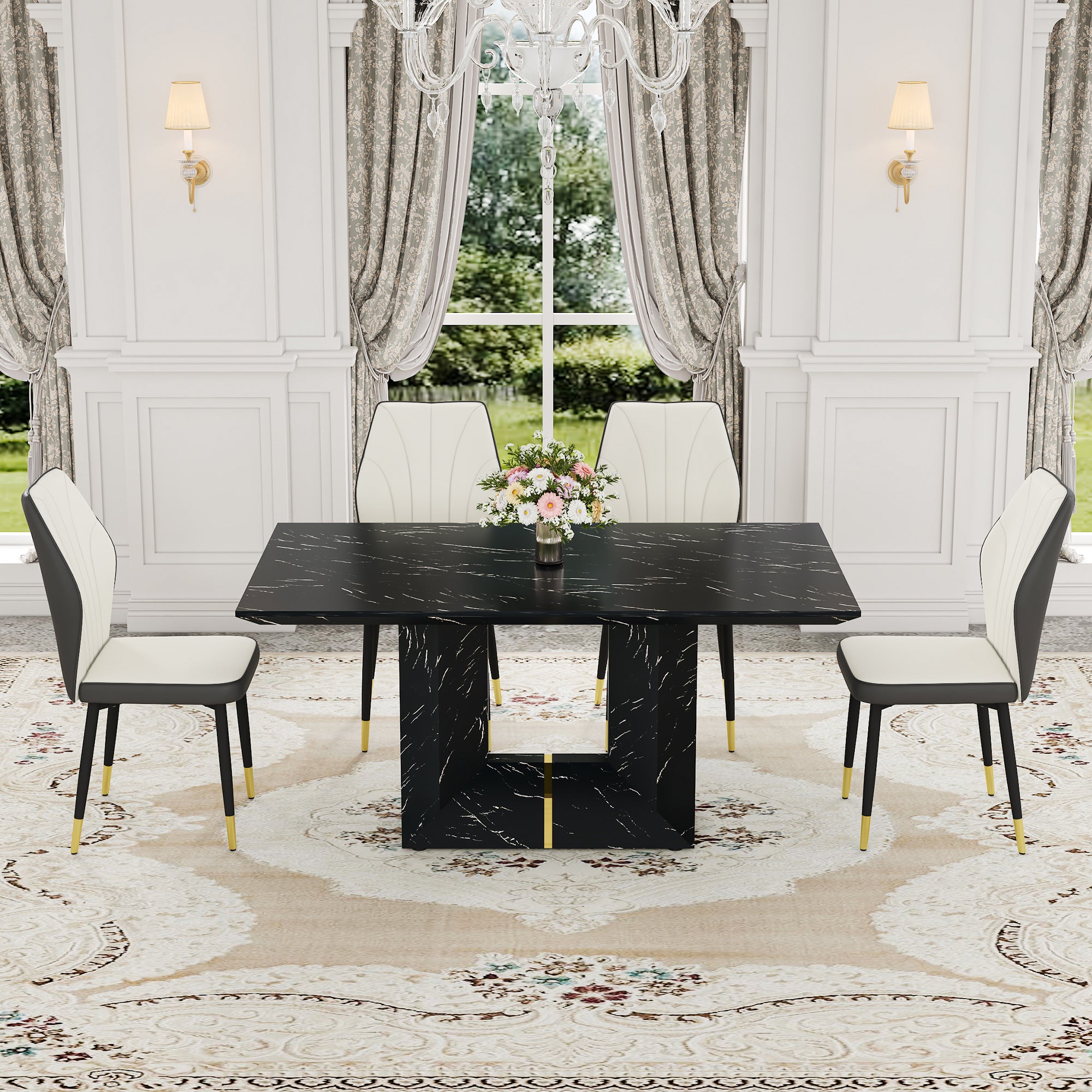 Black Marble Dining Set w/ 4 Chairs