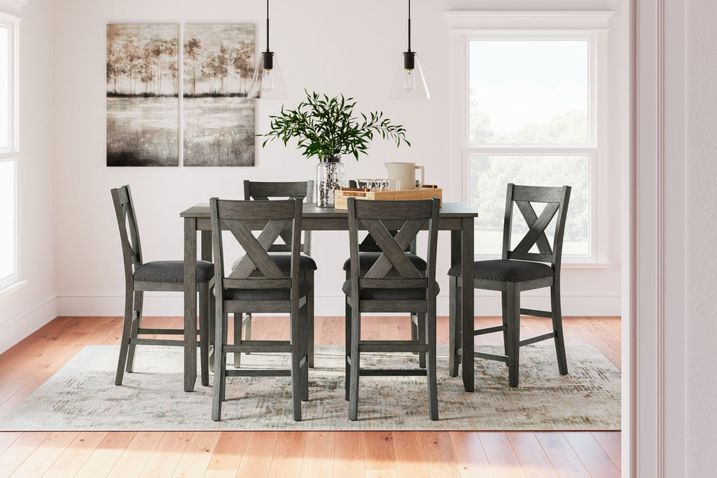Gray rectangular counter table set with six X-back padded chairs