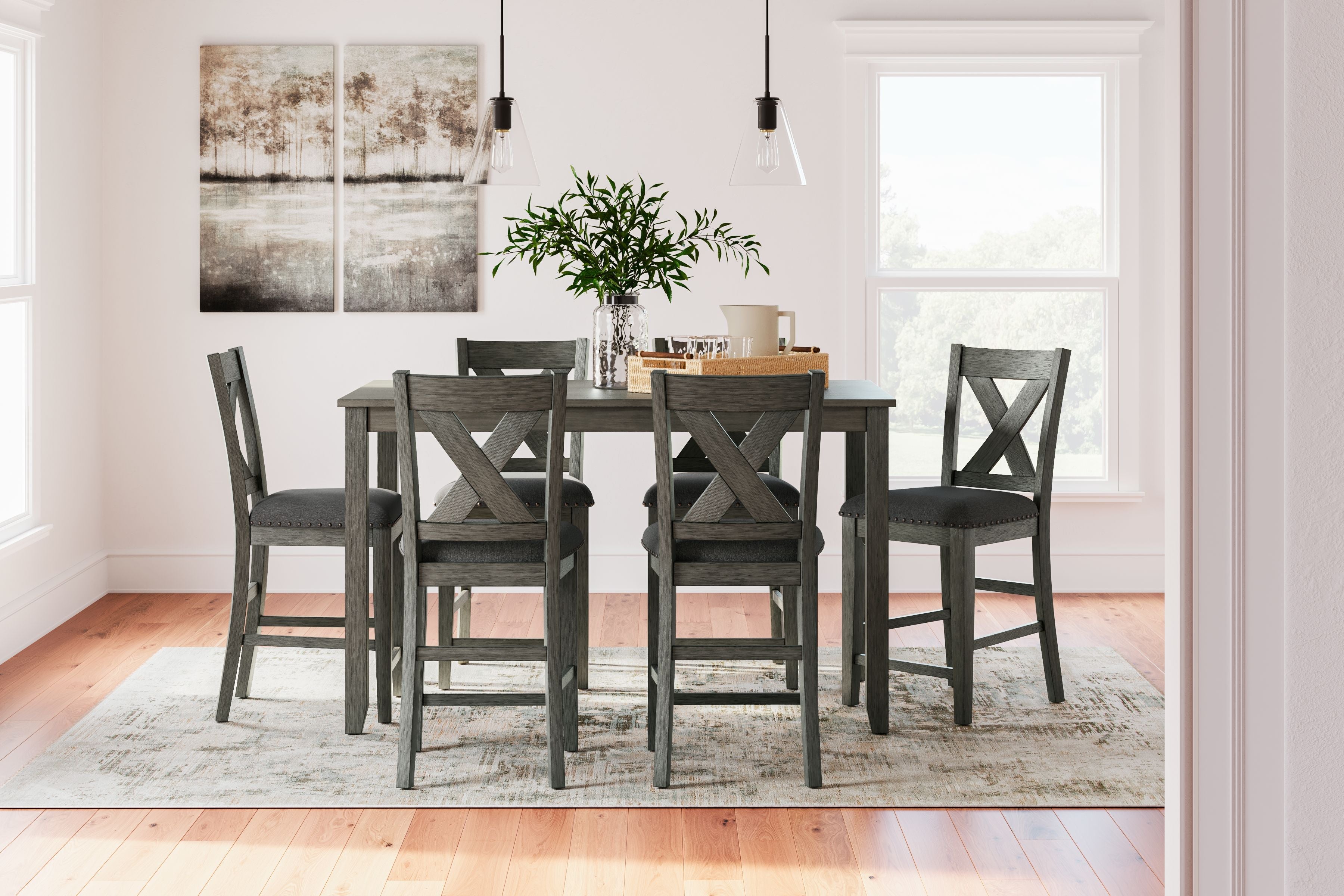 Gray rectangular counter table set with six X-back padded chairs