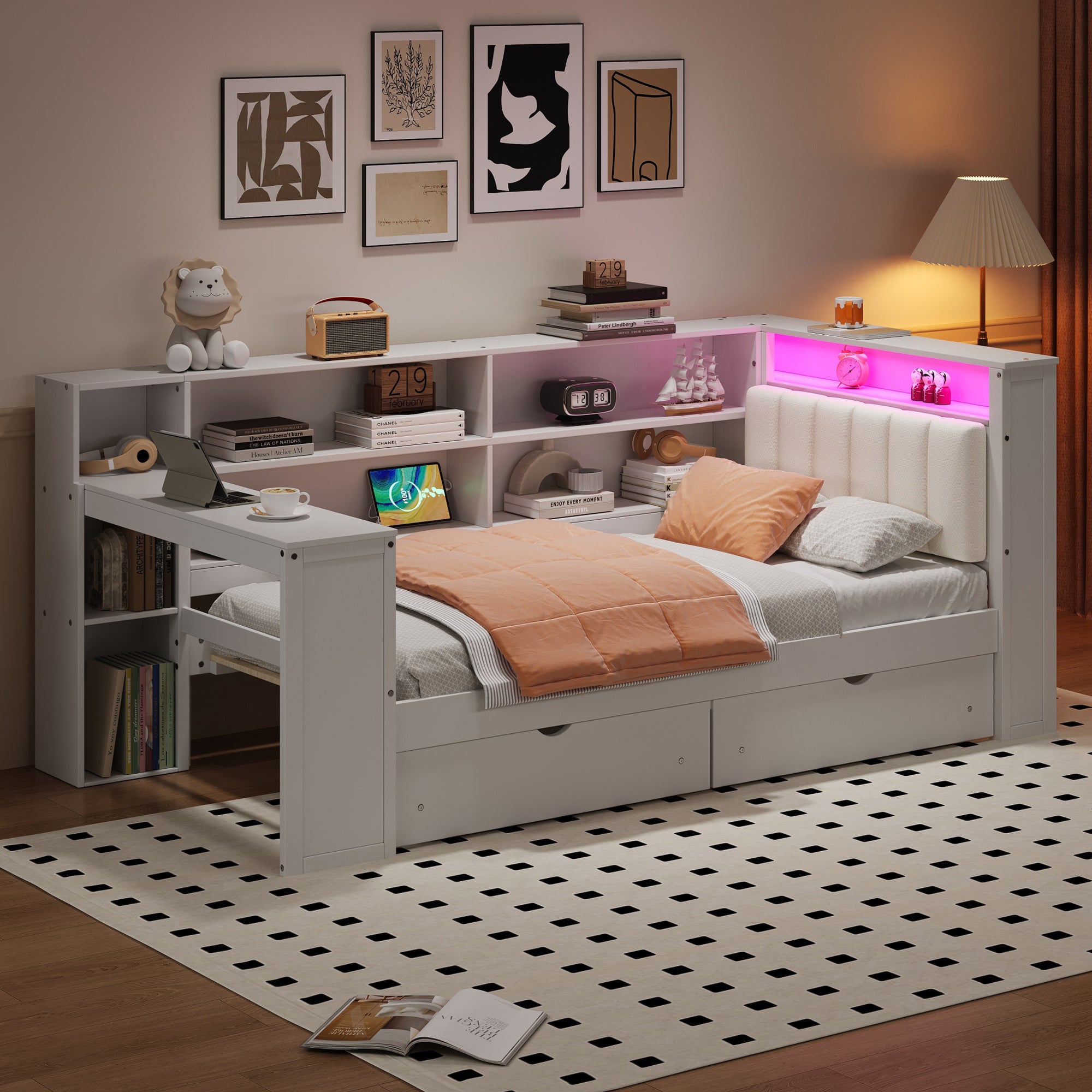 Twin Platform Bed w/Storage, LED, Desk, Charging, Upholstered HB