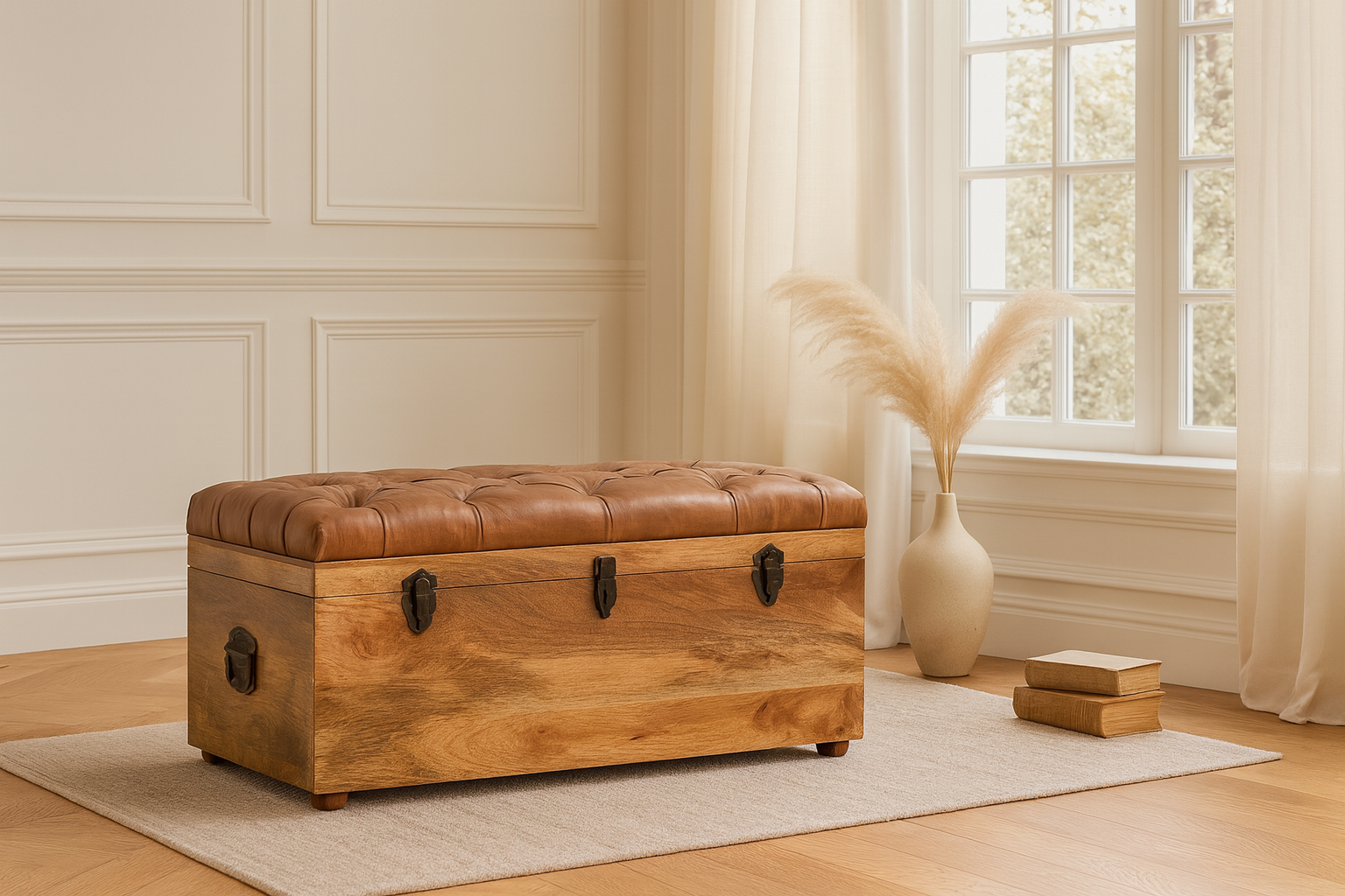 Solid Wood Buffalo Hide Storage Trunk - Brown & Tan