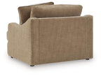 Chair and a half armchair in tan fabric upholstery with broad armrests