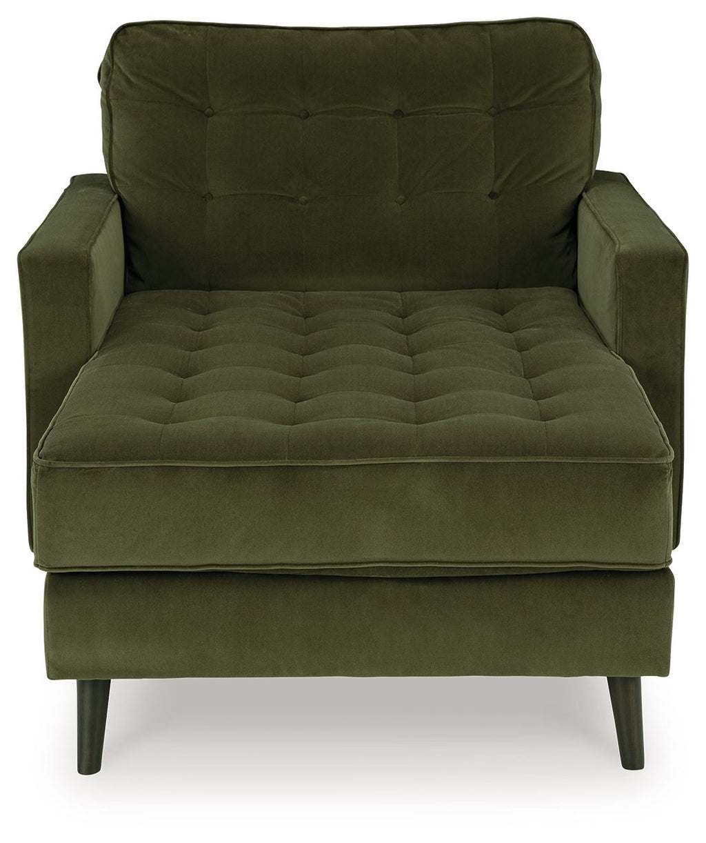 Olive upholstered chaise lounge chair with button-tufted back and padded seat
