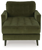 Olive upholstered chaise lounge chair with button-tufted back and padded seat