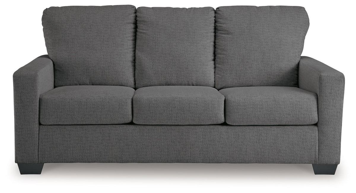 Dark gray sofa sleeper with three back cushions and squared armrests