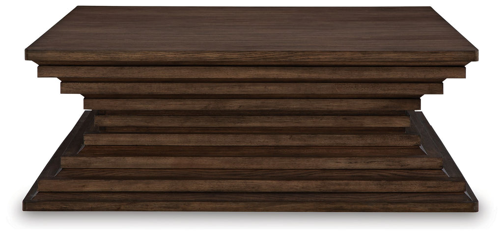 Square cocktail table with warm brown stacked boards and flat lower shelf