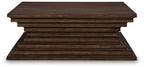Square cocktail table with warm brown stacked boards and flat lower shelf