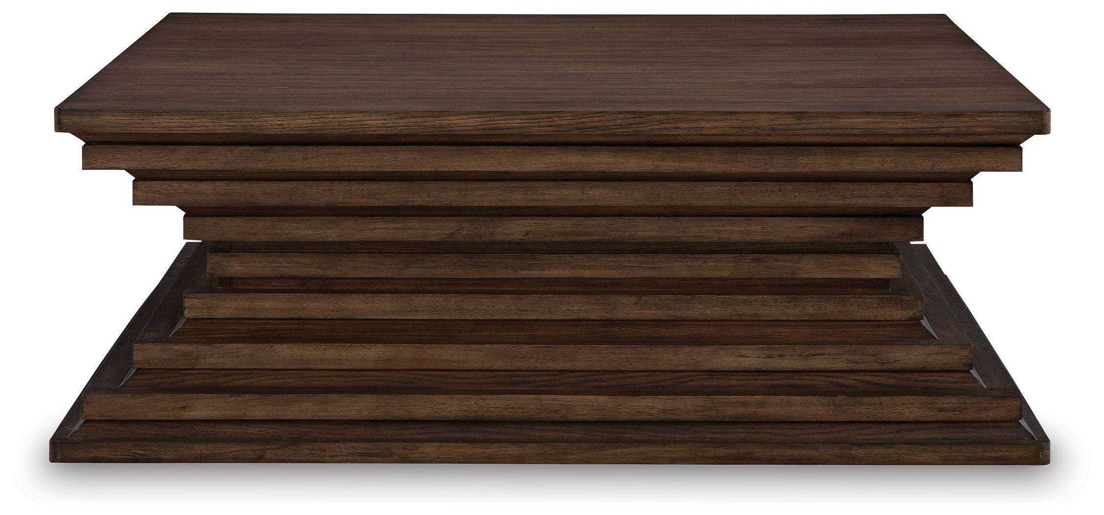 Square cocktail table with warm brown stacked boards and flat lower shelf