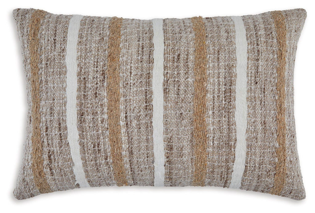 Rectangular pillow in light brown and beige with vertical stripe woven pattern