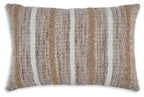Rectangular pillow in light brown and beige with vertical stripe woven pattern