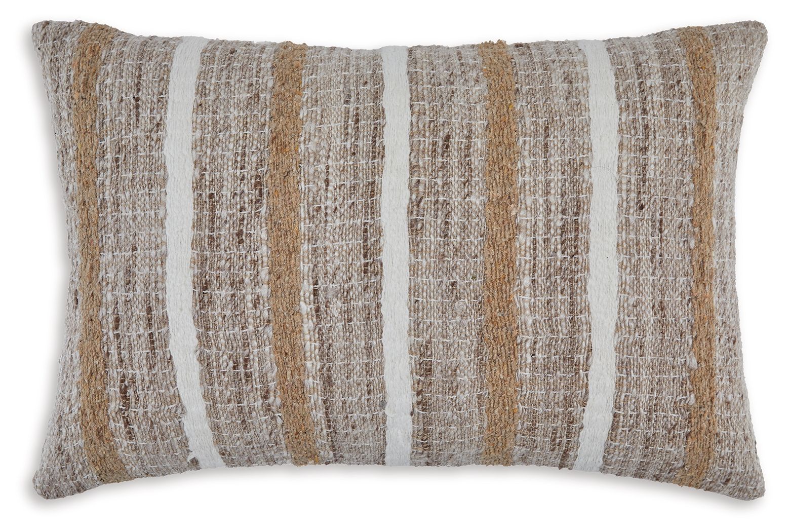 Rectangular pillow in light brown and beige with vertical stripe woven pattern