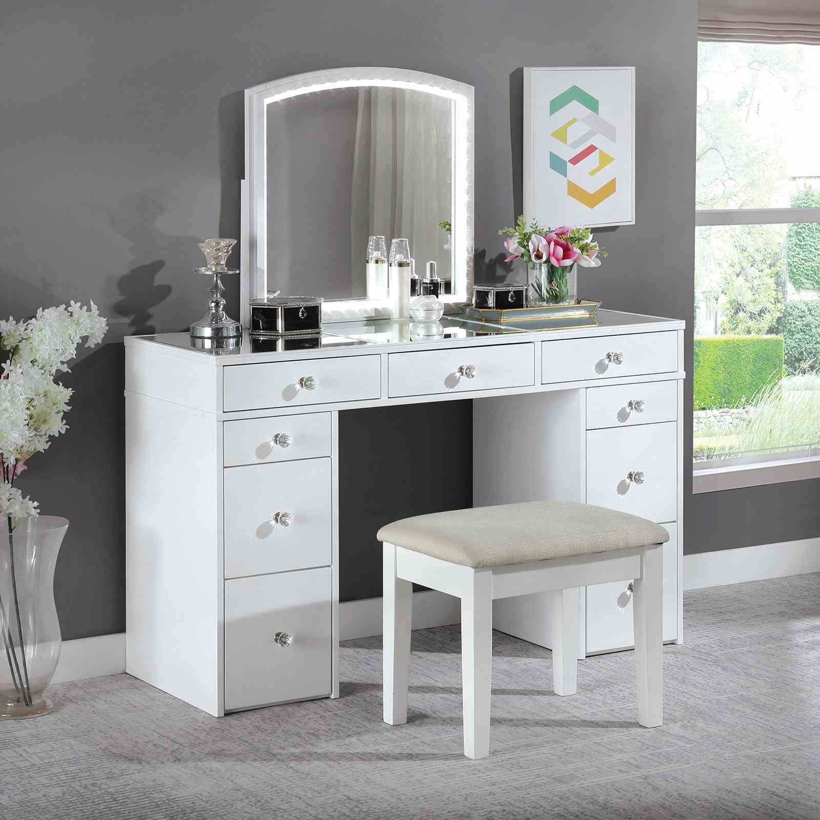 Contemporary White Vanity Set with LED Mirror, Storage & Stool