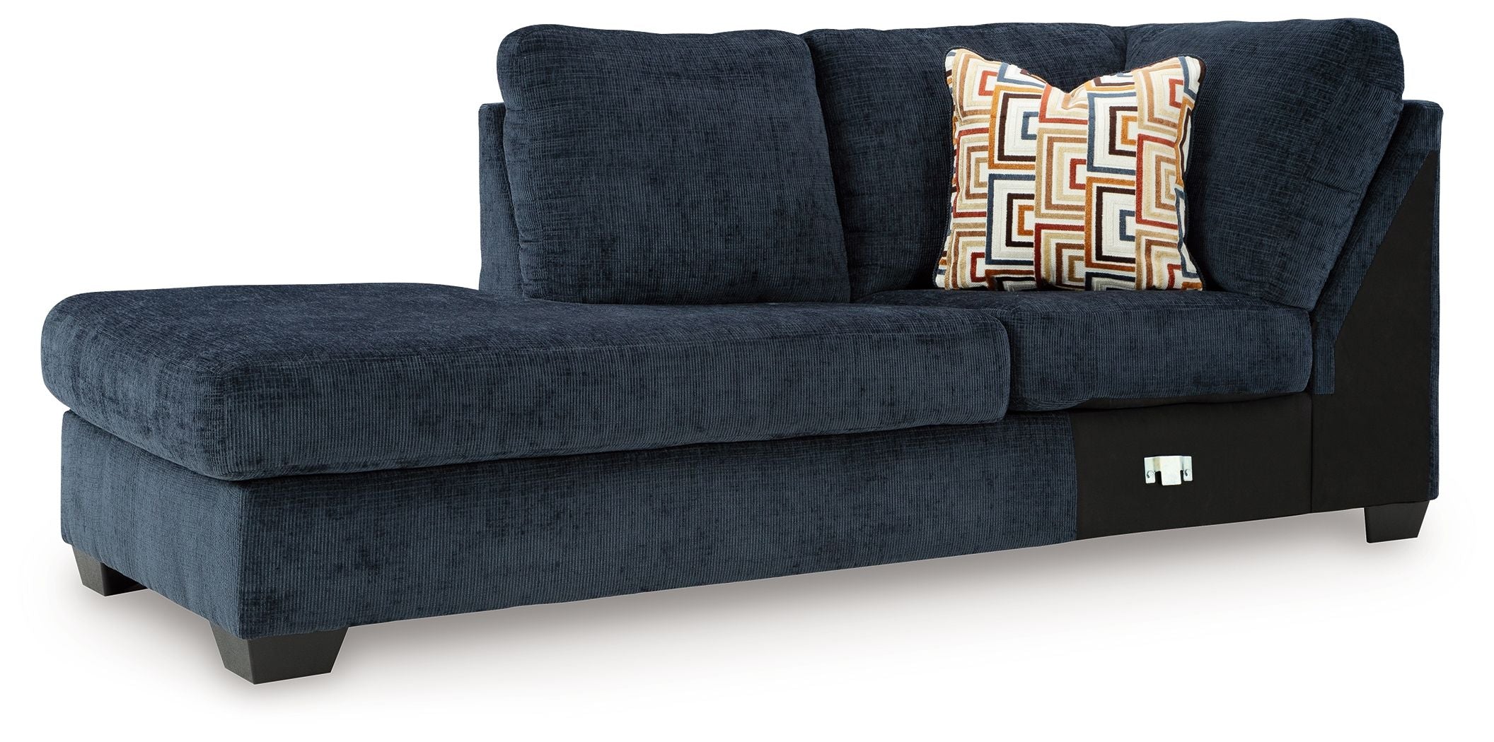 Aviemore dark ink corner chaise with tufted back, armrest, and geometric throw pillows