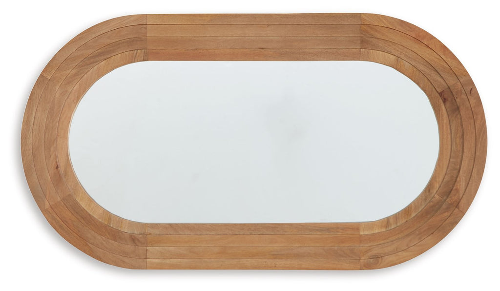 Brown oval accent mirror with layered wood frame and rounded corners