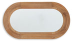 Brown oval accent mirror with layered wood frame and rounded corners