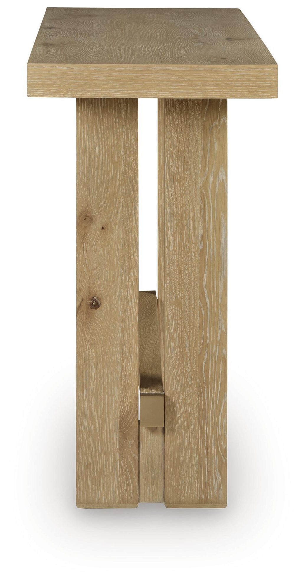 Crendlin table, light brown wood end view with vertical legs and open base