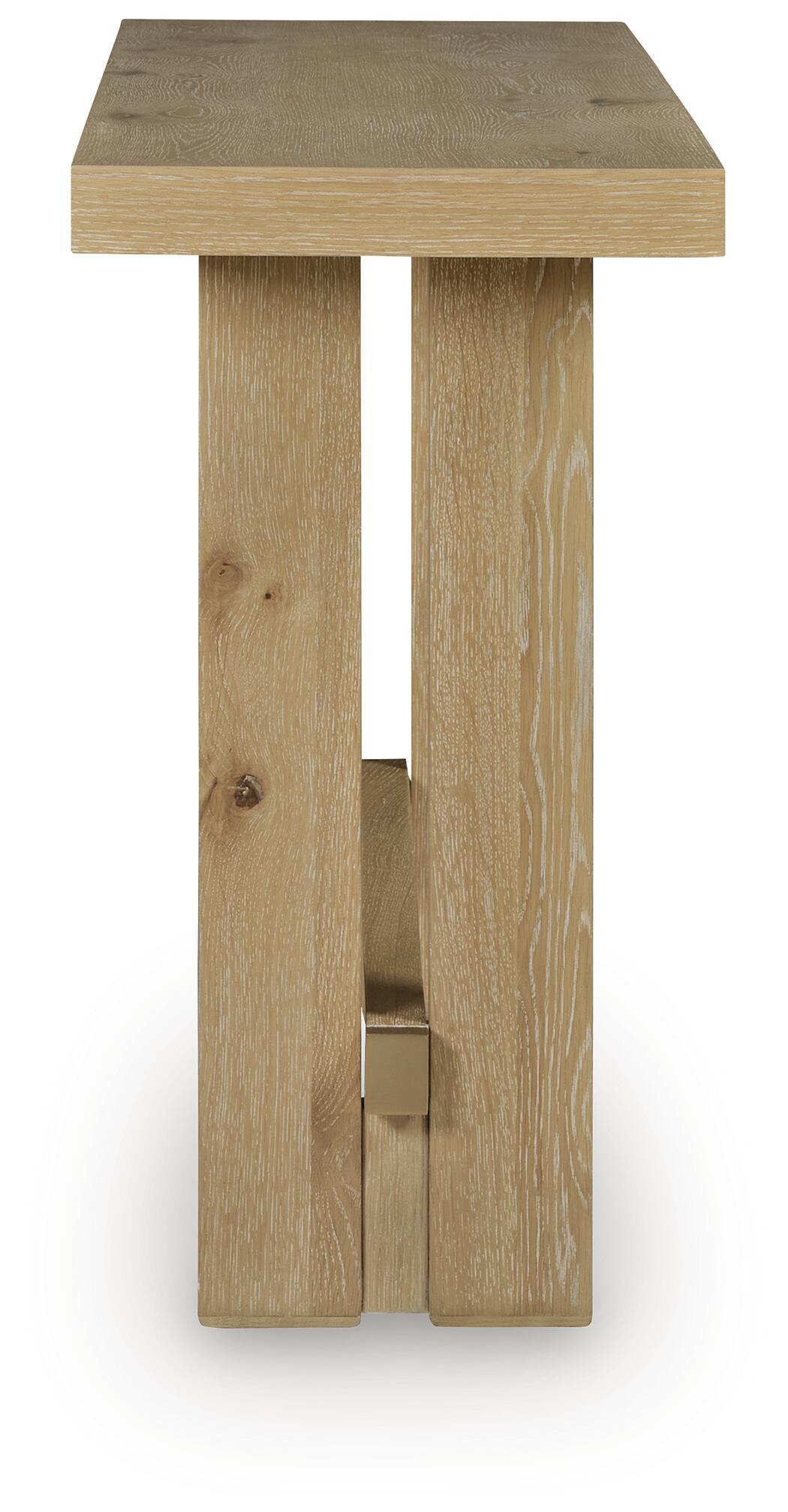 Crendlin table, light brown wood end view with vertical legs and open base