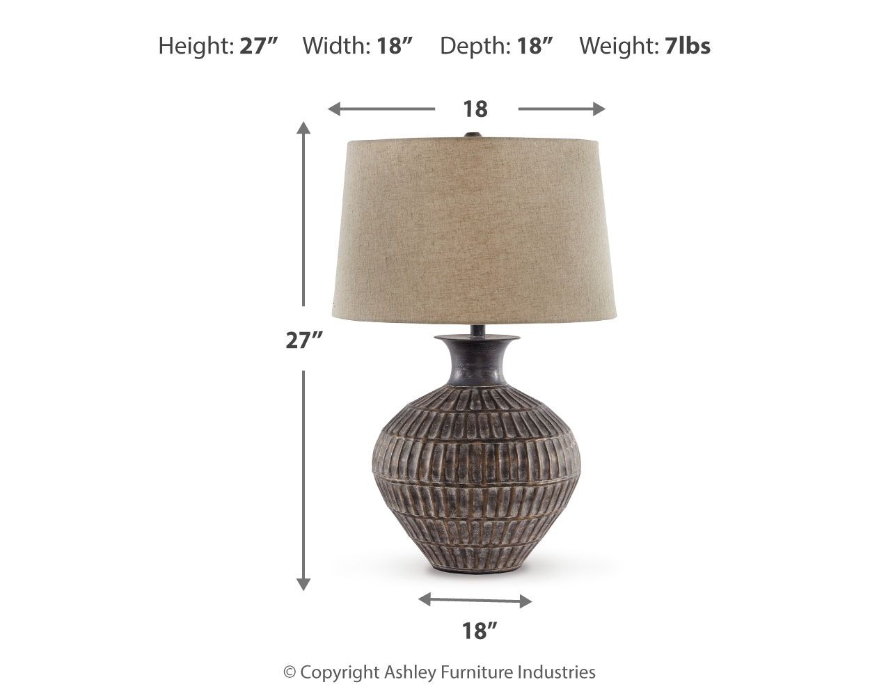 Antique bronze metal table lamp with drum shade: 27 in height, 18 in width.