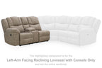 Left-arm reclining loveseat with console, light gray-beige upholstery, corner chaise