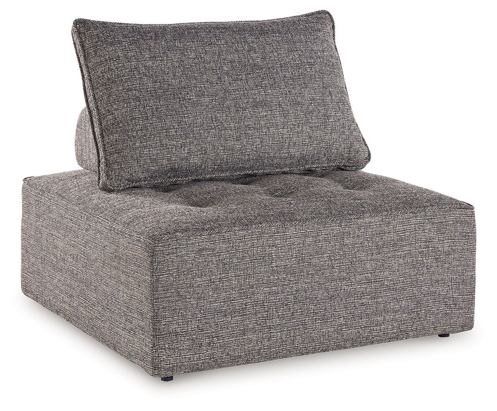 Outdoor sectional chaise module, dark gray fabric with square seat and back cushions